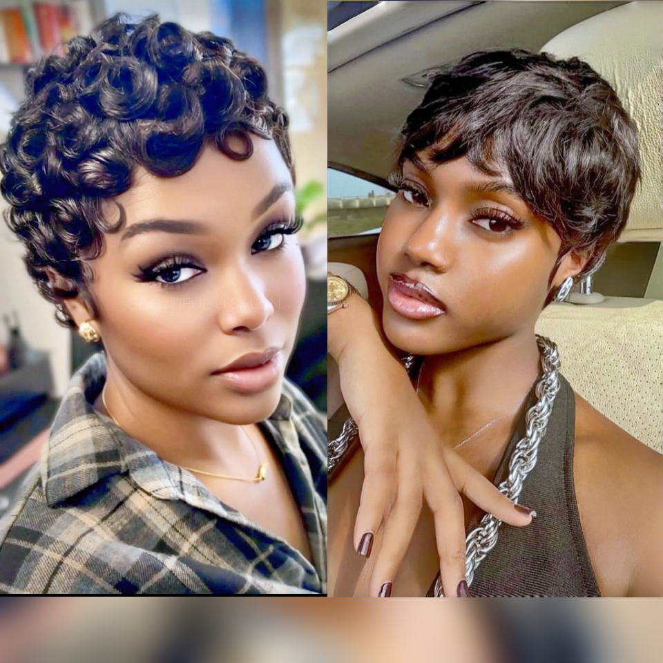 BAISI prix en gros 2 Perruques promotion 60€ Prix pixie sans colle et NOIR en 100% cheveux humains