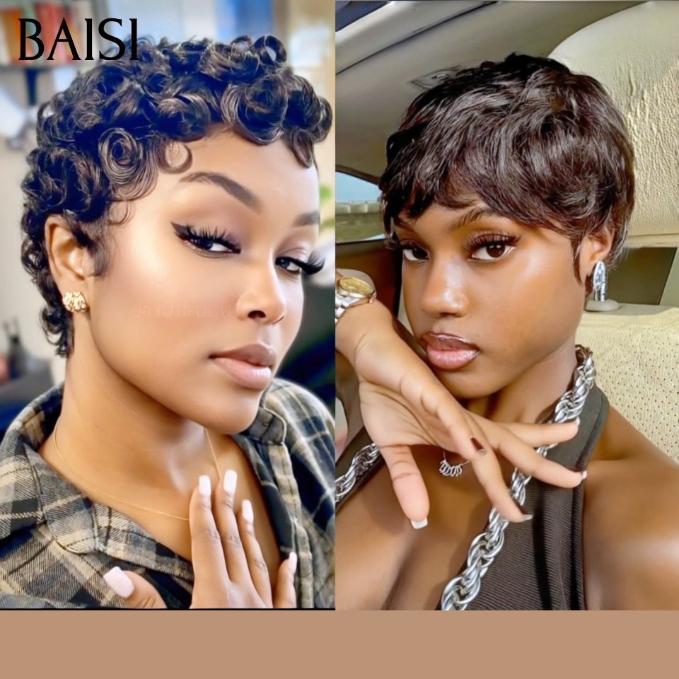 BAISI prix en gros 2 Perruques promotion 60€ Prix pixie sans colle et NOIR en 100% cheveux humains