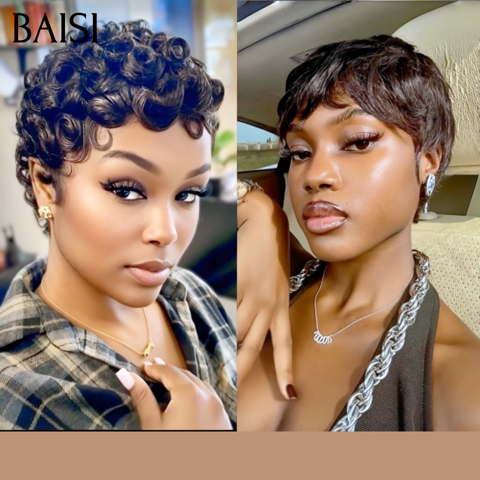 BAISI prix en gros 2 Perruques promotion 60€ Prix pixie sans colle et NOIR en 100% cheveux humains