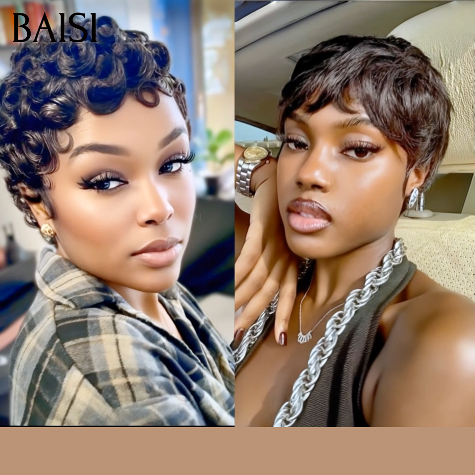 BAISI prix en gros 2 Perruques promotion 60€ Prix pixie sans colle et NOIR en 100% cheveux humains