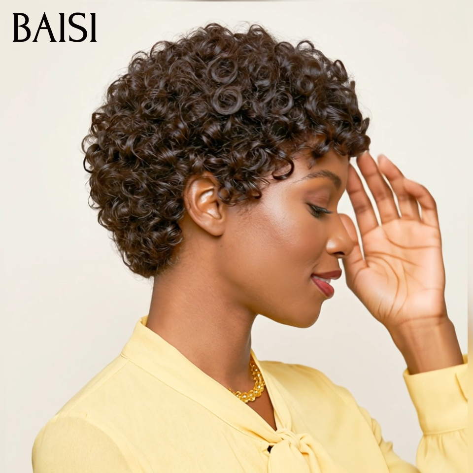 BAISI Promo 56€ Perruque pixie finger wave en Noir 1B# en 100% Cheveux Humains FR40