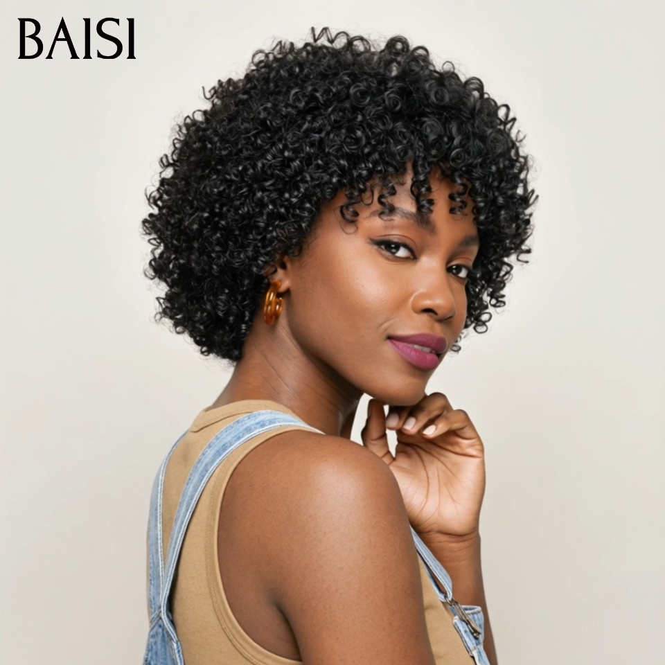 BAISI PROMO Perruque sans Colle curly Wave avec Frange en Noir 66€ en 100% vrais cheveux humains