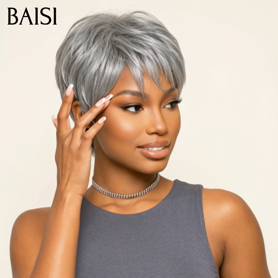 Vente flash Collection Perruques Poivre et Sel Perruque pixie Lisse gris 55€ Fabriqué à la Machine Facile à porter en 100% Cheveux Humains