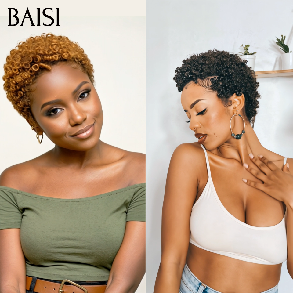 BAISI 2 Pixie Sans Colle 68€ Pixie afro curly ou 2 Perruques de Luxe Frontal 300€ Fabriquées par les cheveux double drawn 250% densité en 100% vrais cheveux humains