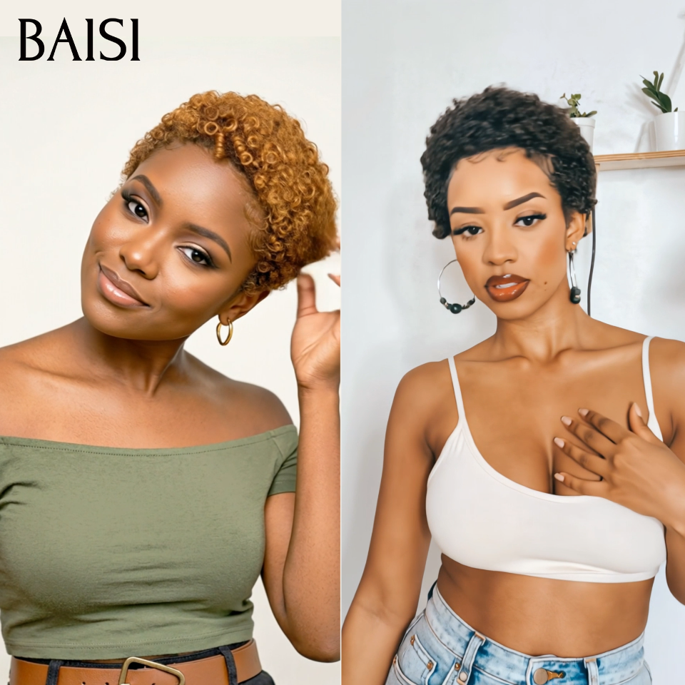 BAISI 2 Pixie Sans Colle 68€ Pixie afro curly ou 2 Perruques de Luxe Frontal 300€ Fabriquées par les cheveux double drawn 250% densité en 100% vrais cheveux humains
