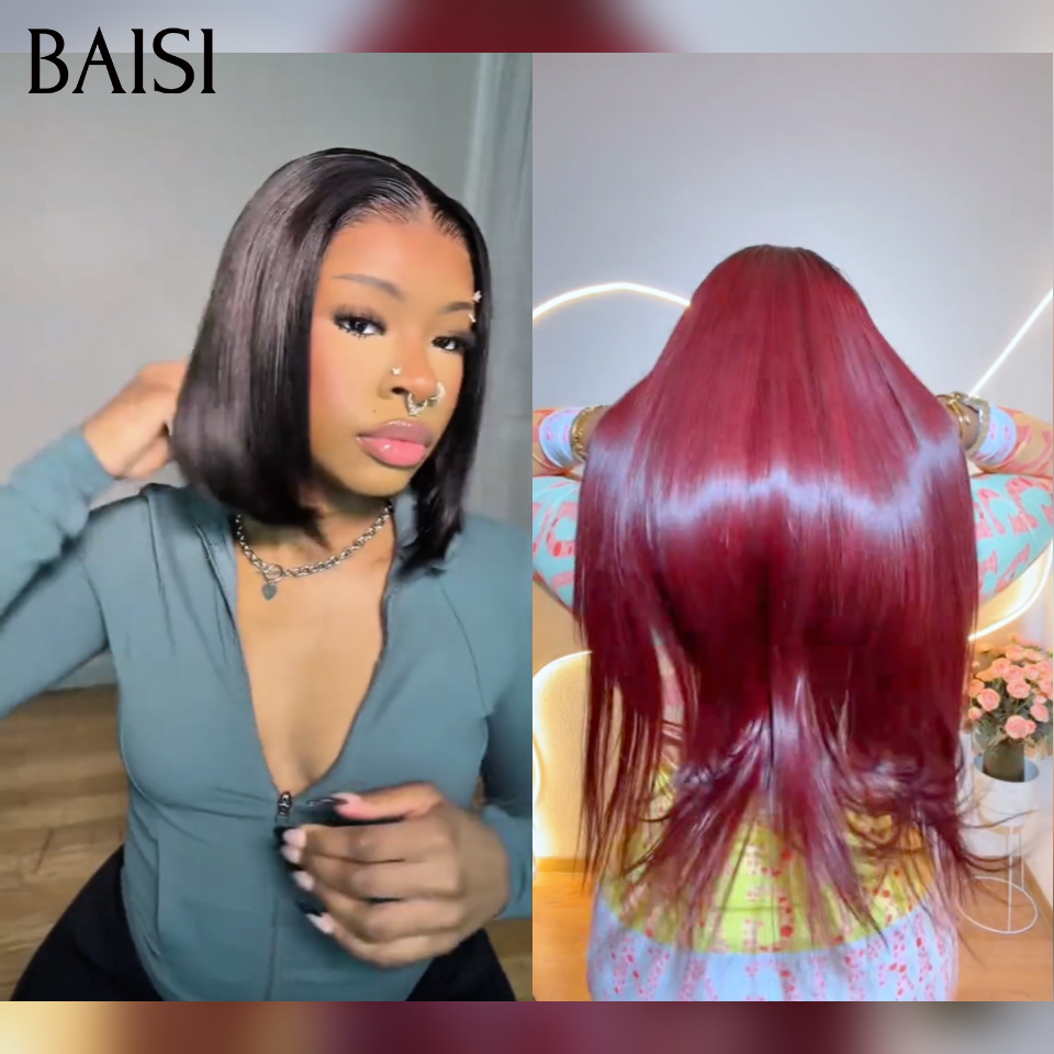 BAISI 2 Pour 149€ 13x4 Lace frontal Lisse 1BT99J# et blended human hair BOB ou Moitié Prix 69€ 13x4 lace frontal Perruque Bob lisse 10 Pouces en couleur Miel avec racine Marron en 100% Cheveux Humains