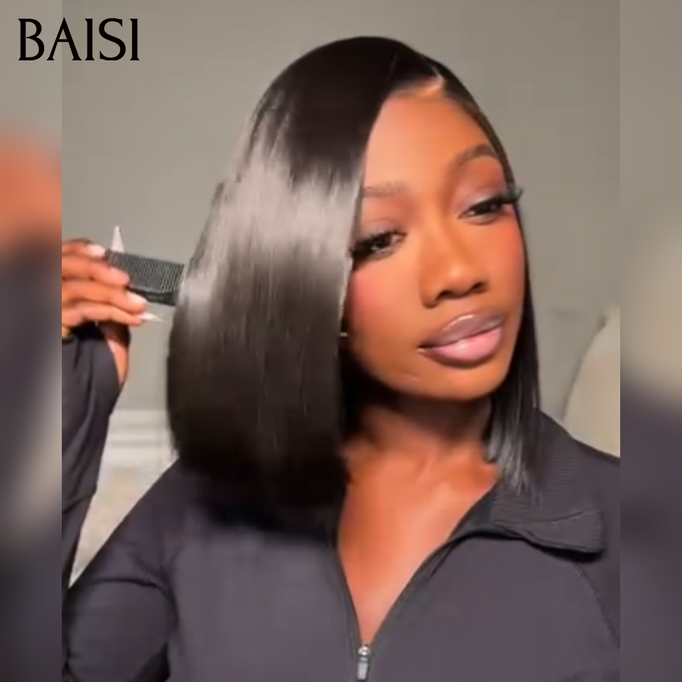 BAISI 4x4 lace frontal Perruque Lisse 10 Pouce 69€ produit BOB en couleur NOIR en 100% Cheveux Humains Reçu 48H