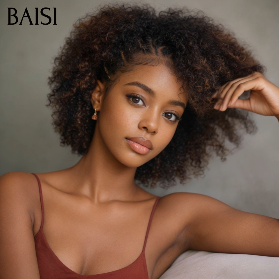 BAISI Grande Promo petite coupe fabriqué à la machine curly wave 68€ en couleur marron mixte miel En 100% Cheveux Humains