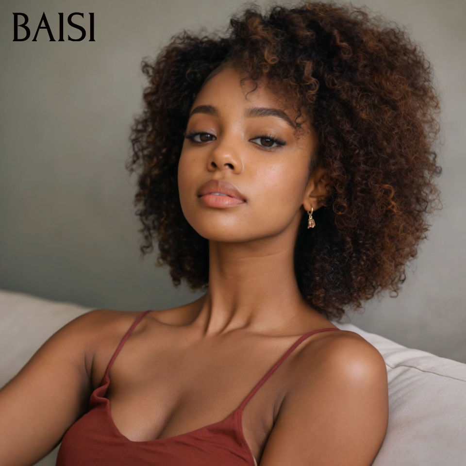 BAISI Grande Promo petite coupe fabriqué à la machine curly wave 68€ en couleur marron mixte miel En 100% Cheveux Humains