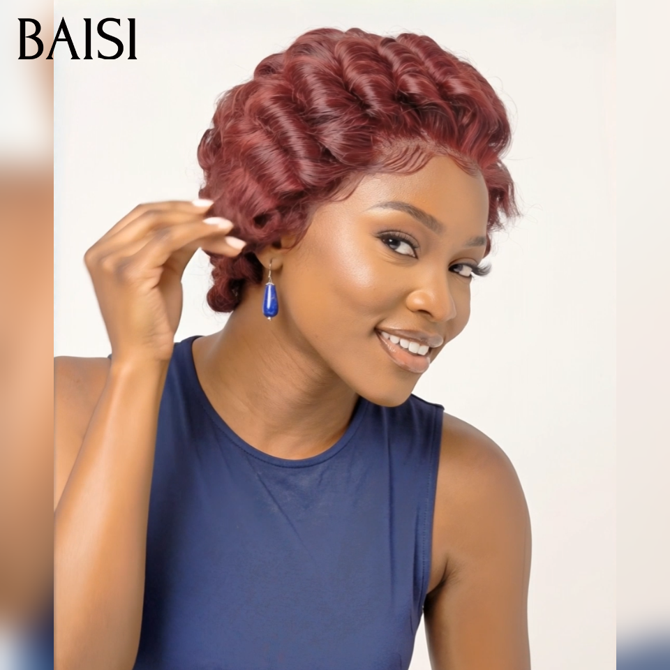 BAISI Perruque Pixie Finger Wave Moitié Prix petite coupe 58€ Bordeaux 99J# En 100% Vrais Cheveux Humains MP50