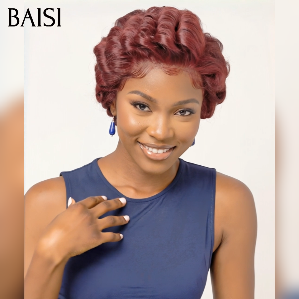 BAISI Perruque Pixie Finger Wave Moitié Prix petite coupe 58€ Bordeaux 99J# En 100% Vrais Cheveux Humains MP50