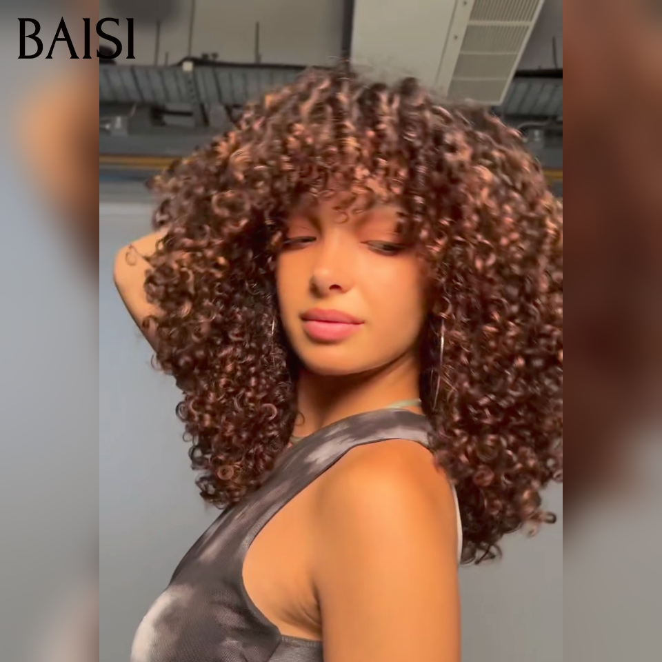 BAISI perruque duveteuse et respirante water wave avec Frange 12 Pouces Seulement 85€ ou 400% Volume 18 pouce perruque 189€ en couleur Marron mixte miel en 100% Cheveux Humains