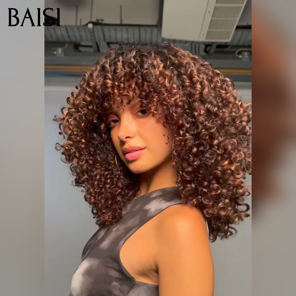BAISI perruque duveteuse et respirante water wave avec Frange 12 Pouces Seulement 85€ ou 400% Volume 18 pouce perruque 189€ en couleur Marron mixte miel en 100% Cheveux Humains