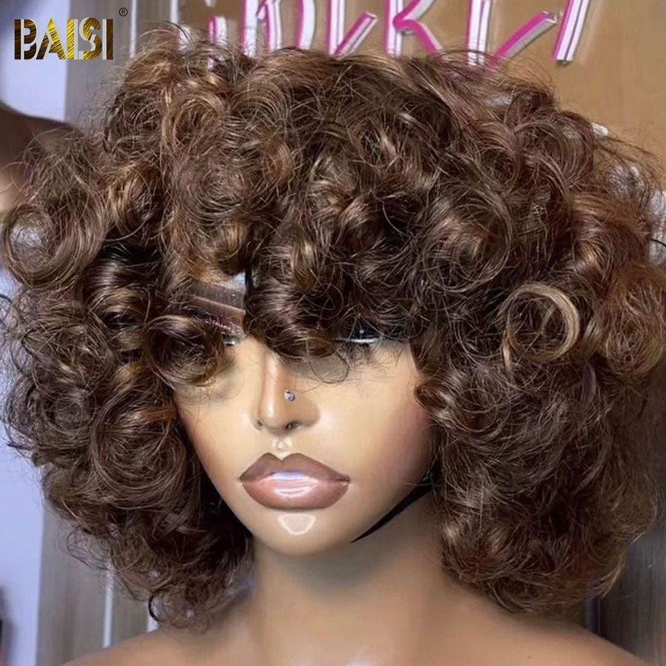 BAISI Perruque Bouclée Egg Wave 69€ NOIR ou Marron #4 ou orange ou 99J avec Frange Sans Lace Sans Colle en 100% Cheveux Humains