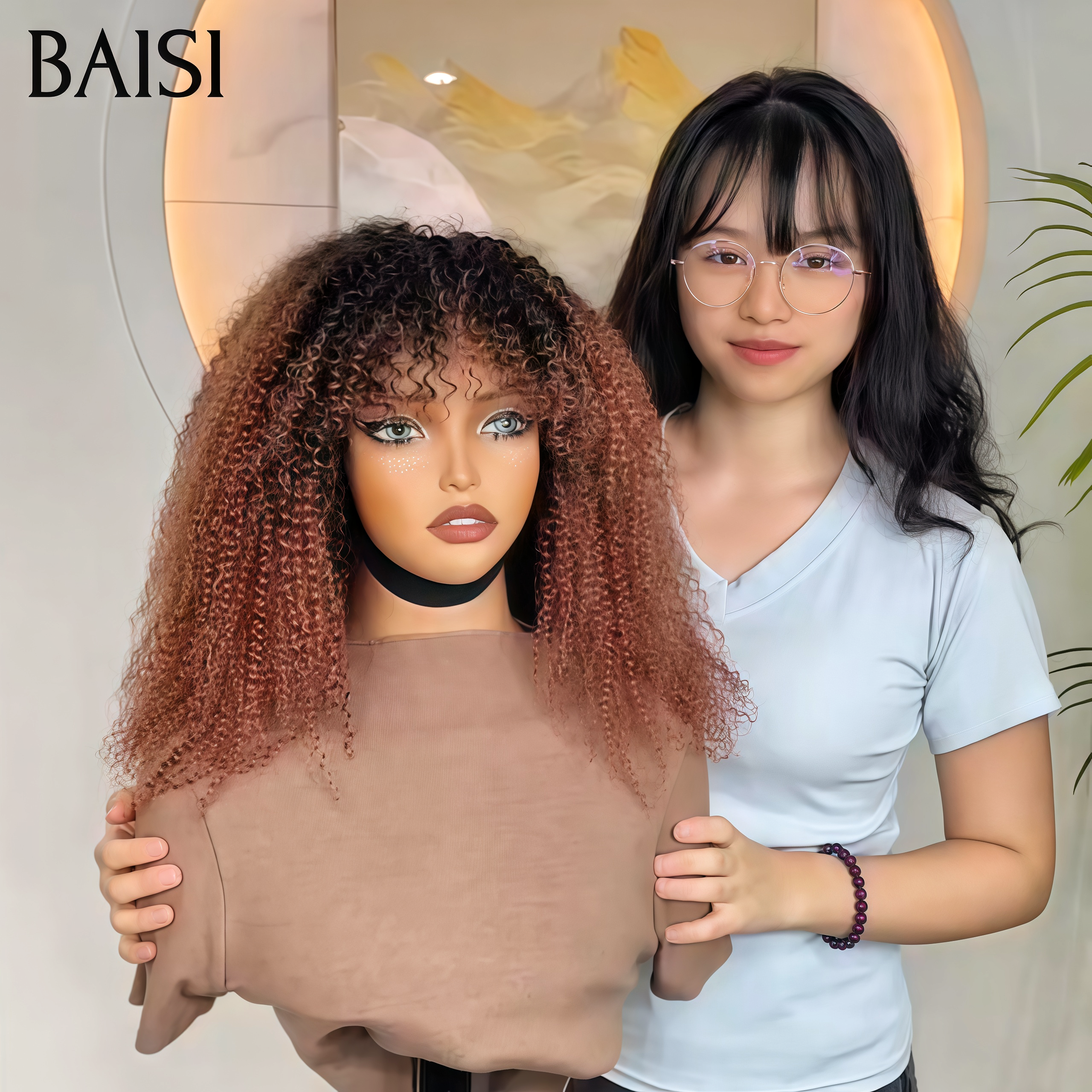 BAISI afro curl avec frange en couleur Marron 18 Pouces petite coupe fabriqué à la machine 100% cheveux humains