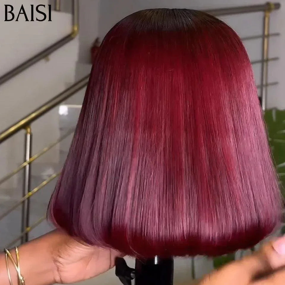 BAISI Straight Bob With Bangs Luxury Wigs 100% Vietnam Hair SDD BONE STRAIGHT Burgundy Color #1B#99J 300% A1 density Made by double drawn hair 15A no lace no glue