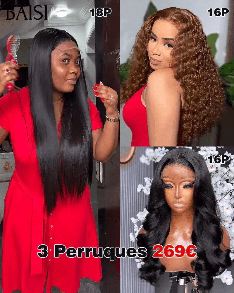 BAISI 3 Perruques 269€ 4X4 deep wave et Body wave et Lisse 250% densité en 100% Cheveux Humains BS65