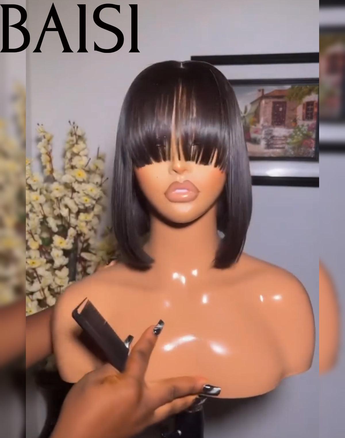 BAISI € 66 Peruca onda Bob EGG com franja preta sem cola e sem renda em cabelo 100% humano BAISI20
