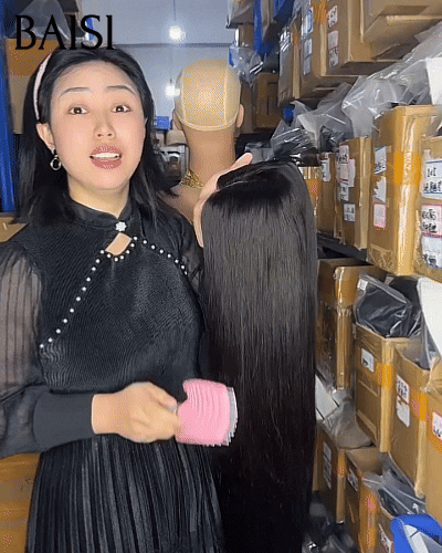 BAISI Perruques de Luxe 100% Viêtnam Hair 2X6 Lace 18 Pouces 198€ 250% densité ou 4X4 lace Lisse Perruque Noir Lisse 100% Cheveux Humains