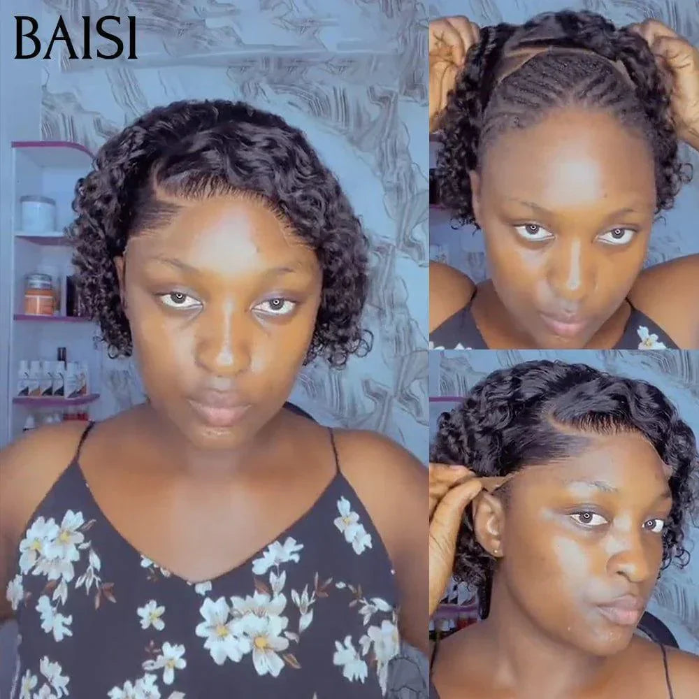 BAISI 13X4 Kleberlose Perücke, natürlicher, tiefer Wellen-Bob, 10 Zoll, 200 % Dichte in 100 % Echthaar, BAISI20