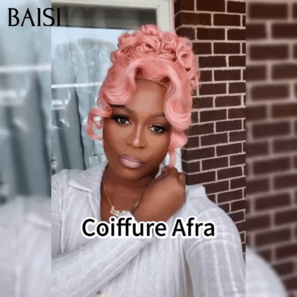 BAISI Coiffure de luxe Afra Perruques Mariage Prête à porter chignon et personalisation comme sur la vidéo 100% identique avec lace frontale pour mariage ou événement spécial en couleur rose BS120
