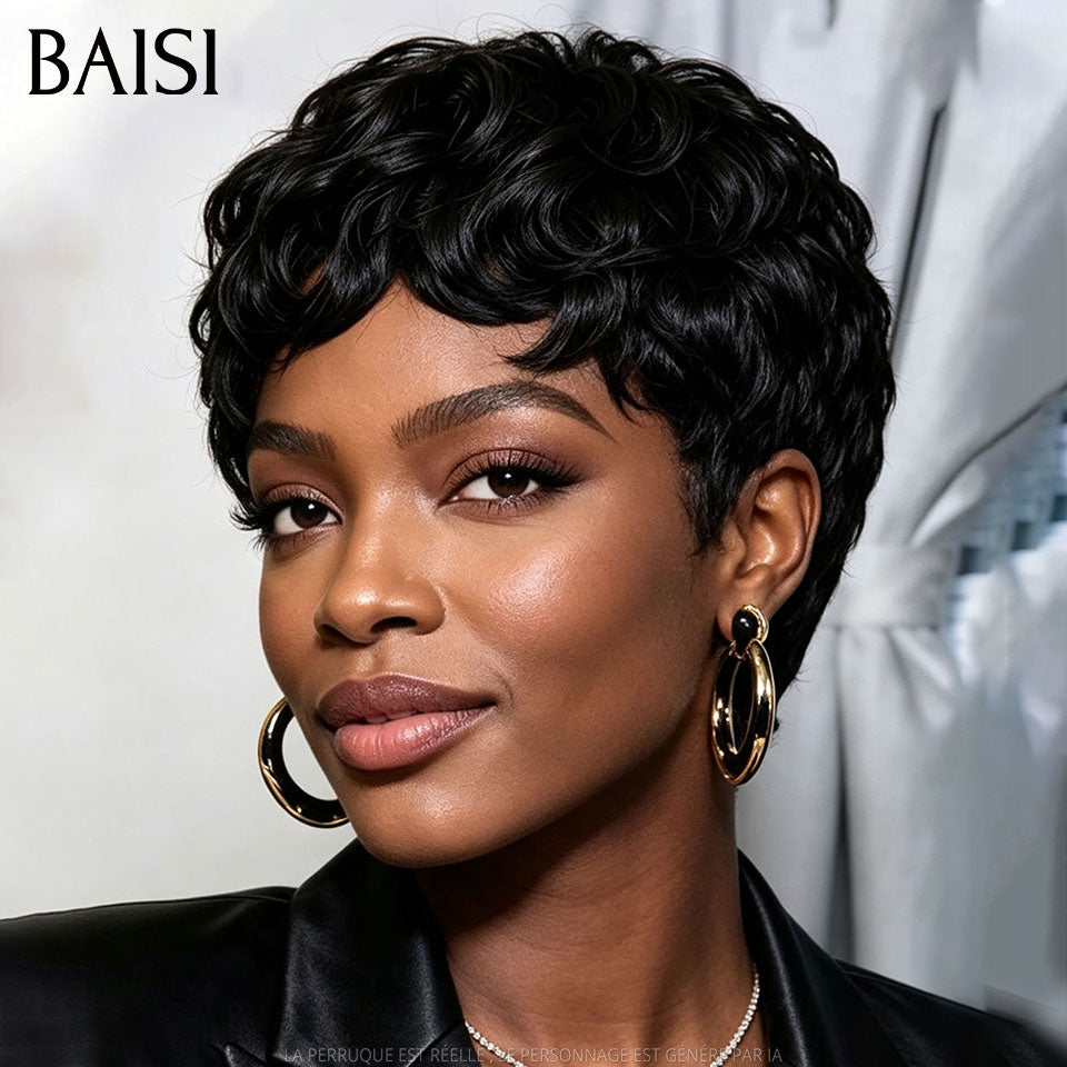 BAISI Perruque Chiomas 59€ Pixie Finger Wave petite coupe Lace Frontale en Couleur NOIR 68€ En 100% Cheveux Humains