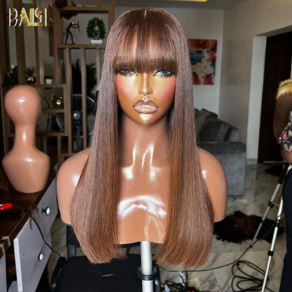 BAISI Luxury Straight Wigs in Brown #4 with Bangs Made by double drawn hair with natural middle parting VIP100