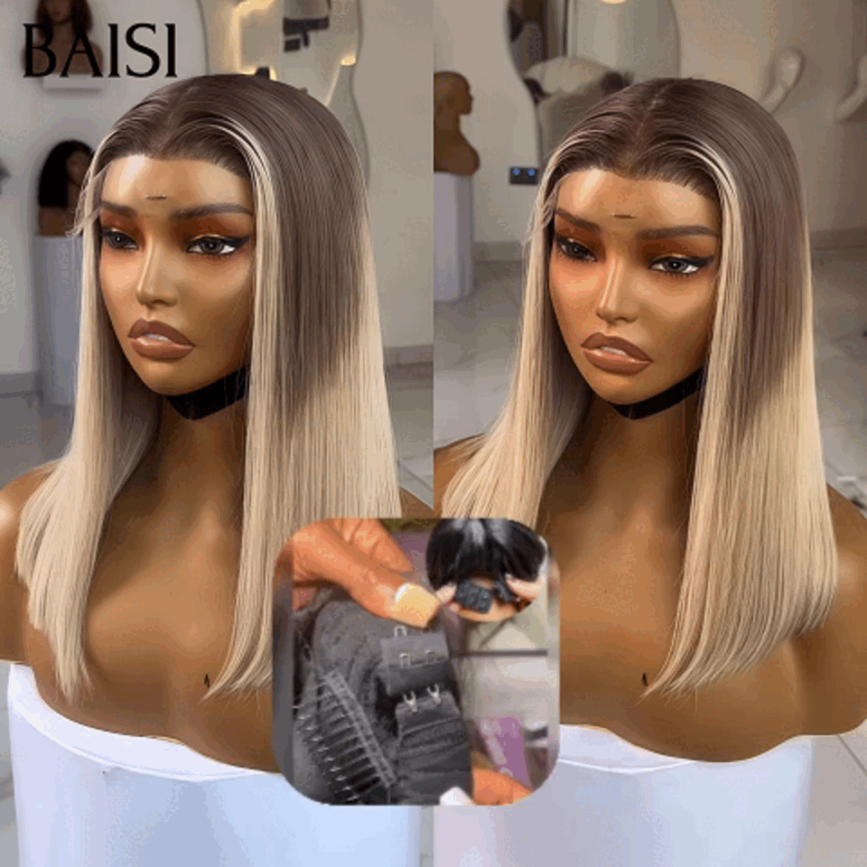 Peluca Bob recta BAISI 13X4 en gris mixto 70# pre-arrancada No necesita pegamento en encaje de cabello 100% crudo ya cortado