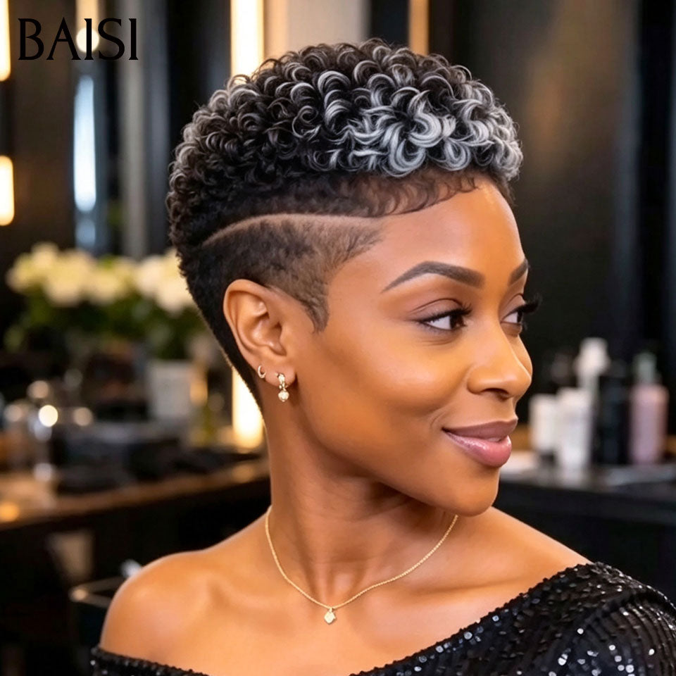 BAISI 5x5 Lace Perruque Pixie Coiffée 89€ Couleur Noir et Gris Très A la Mode Prête A Porter en 100% Cheveux Humains