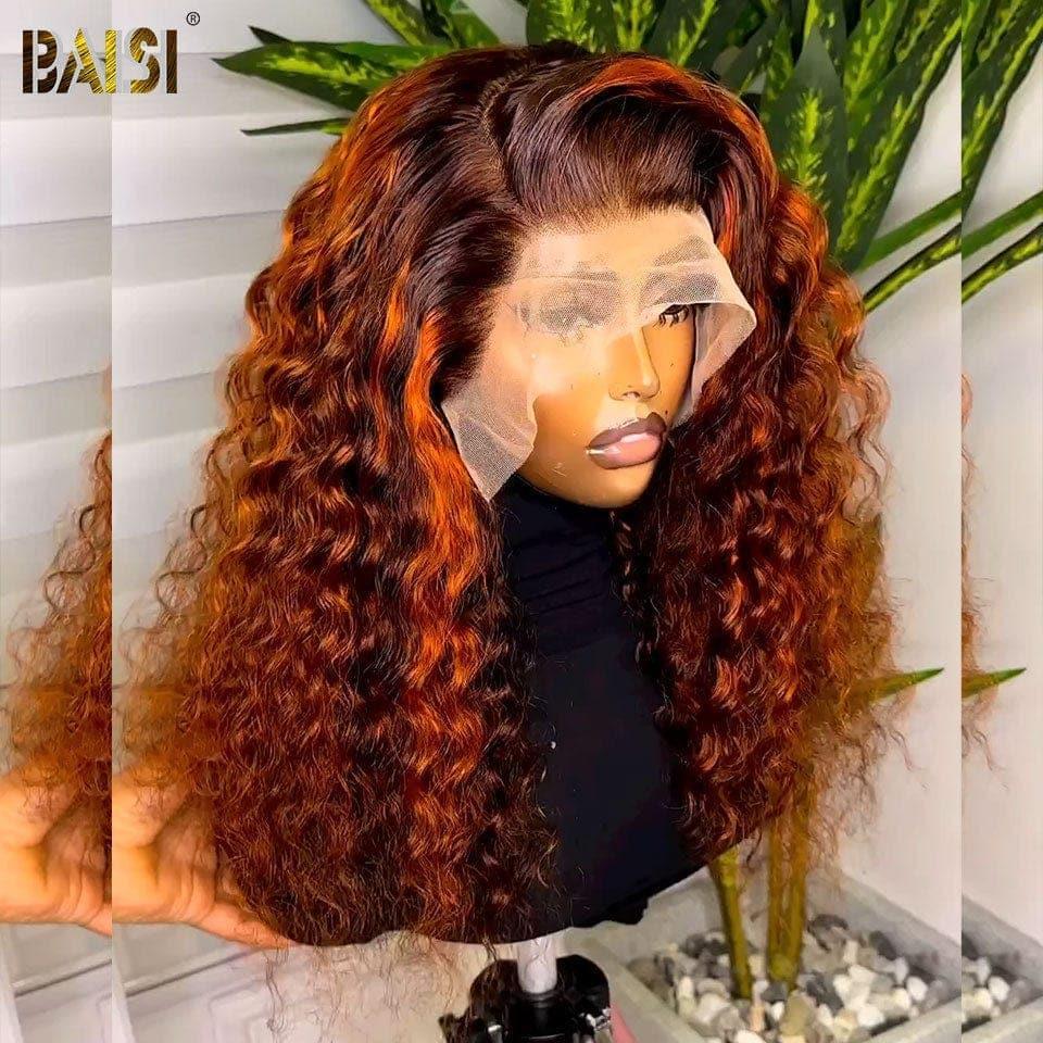 BAISI 13x4 Lace Frontal Deep Wave Wig in color #1B Mixed Orange in 100% Human Hair