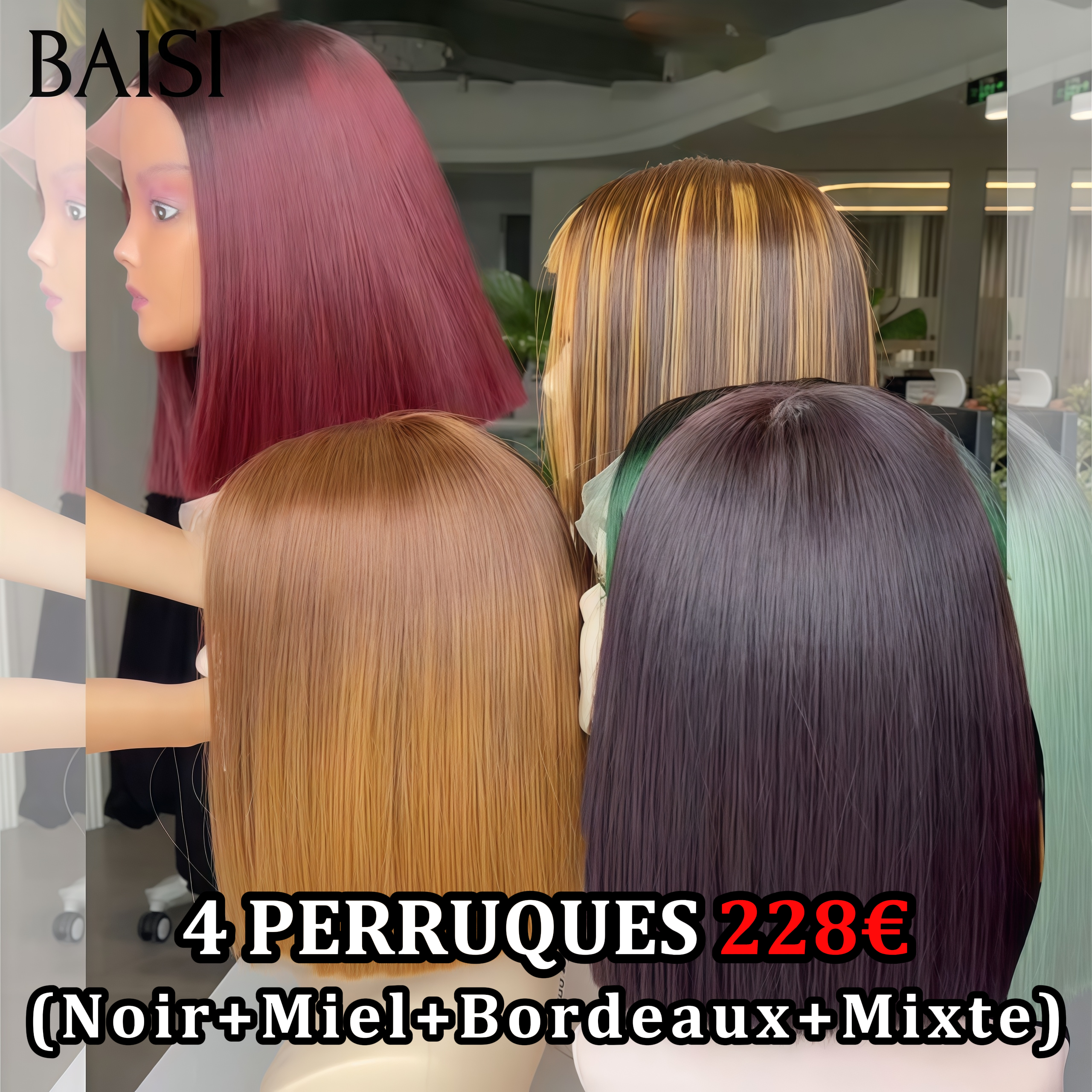 BAISI Offre spéciale 4 perruques 228€ 4 couleurs différentes Noir+Miel+Bordeaux+Mixte 8 pouces en 100% vrais cheveux humains VIP120