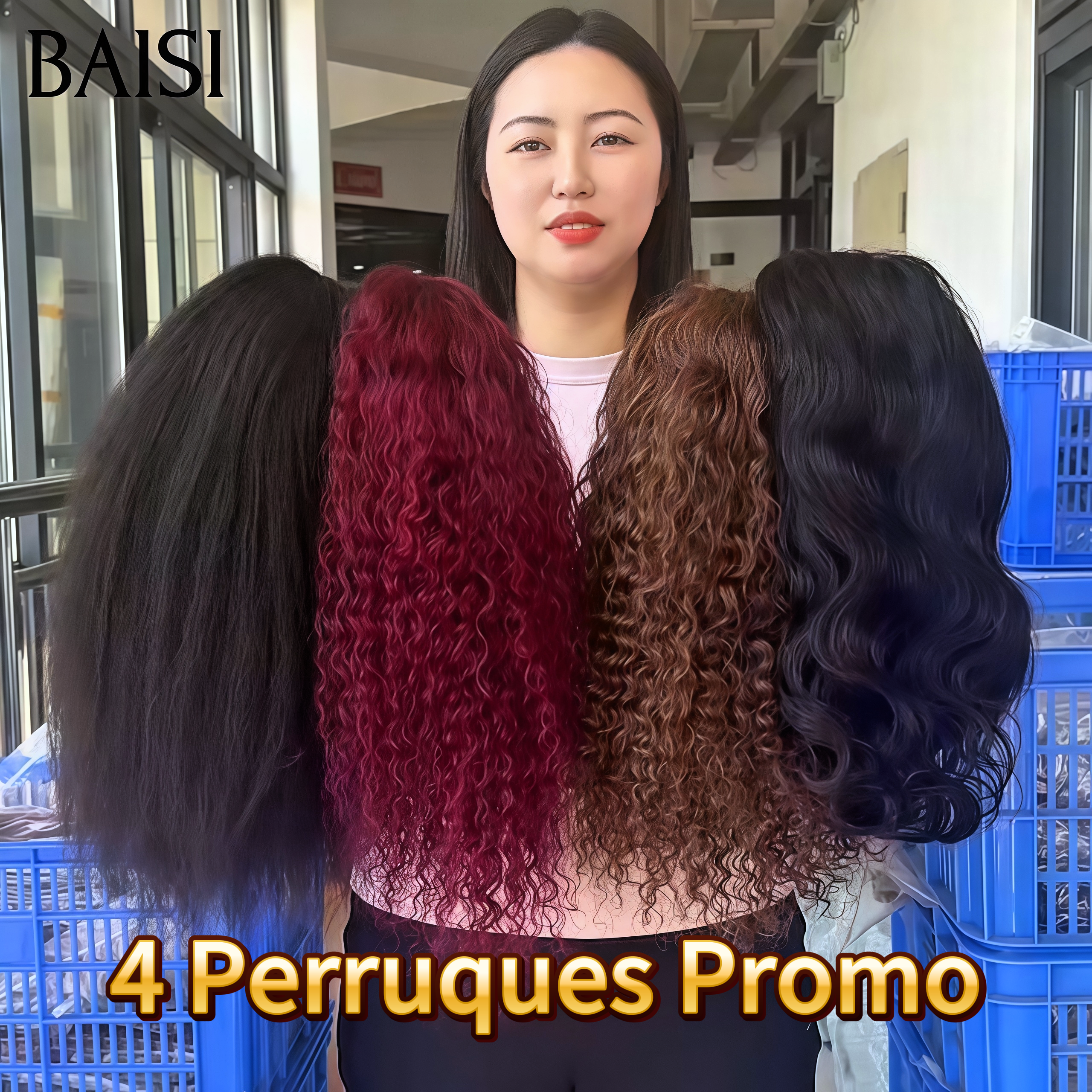 BAISI PROMO BLACK FRIDAY 4 perruques 14 Pouces BOB 13x4 lace frontal curly wave et Body wave en 3 couleurs Marron et NOIR et Bordeaux en 100% Cheveux Humains