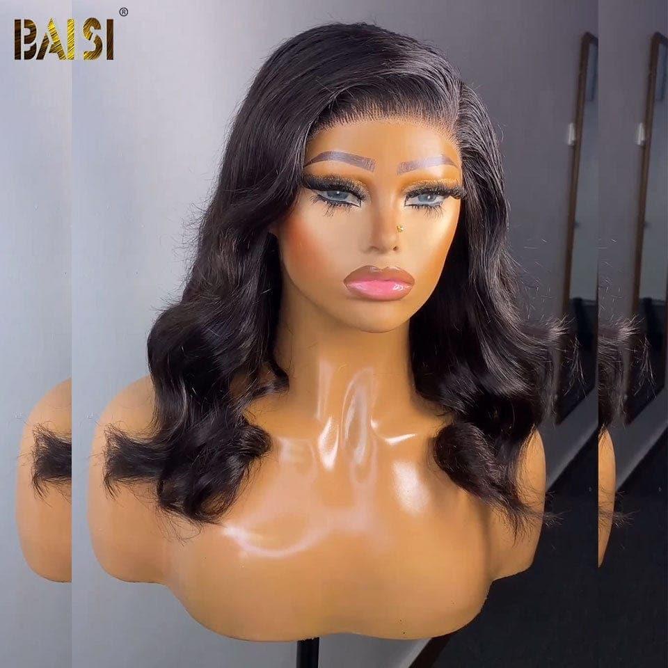 BAISI 4x4 Bob Body Wave Perücke in Schwarz, leimloser Spitzenfrontschnitt, einfach zu tragen, 100 % Echthaar
