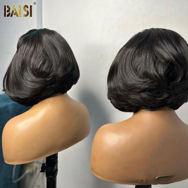 BAISI 5X5 Perruques 10 pouces Noir coupe personnalisée boucles voluminieux 300% densité plus de 20 ans d' utilisations