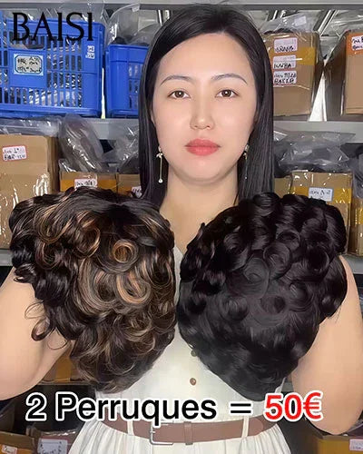 BAISI 2 Perruques Chioma Flash Offer 50€ Vente en gros sans colle pixie finger wave Fabriqué à la Machine en couleur 1B30# ou 1B# en 100% vrais cheveux humains BS60