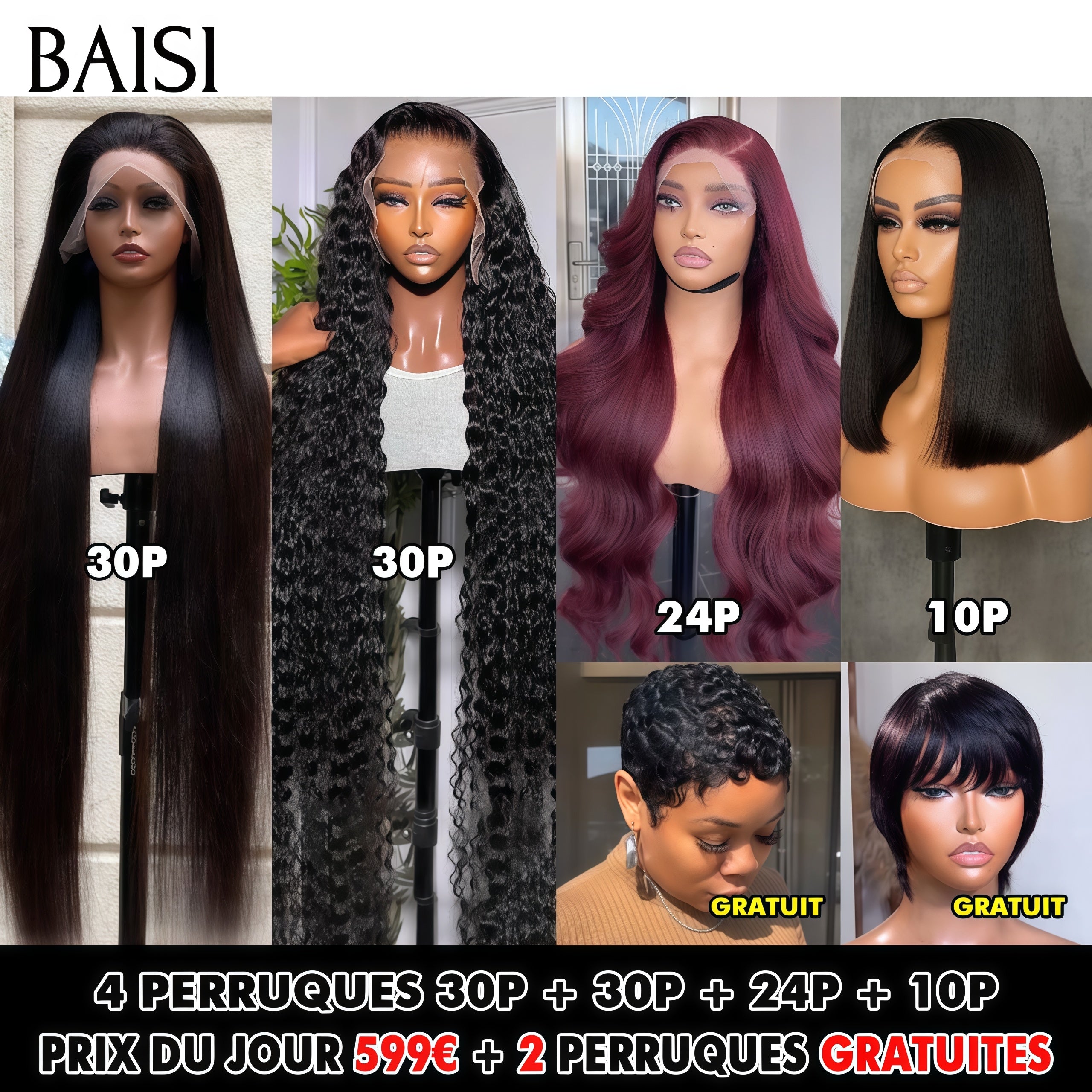 BAISI Wholesale 4 Frontal Straight Wigs In 100% Human Hair plus 1 free iron €890 VIP100