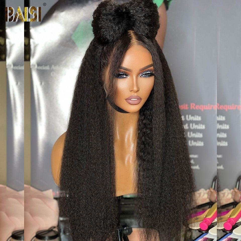 BAISI 4x4 Kinky Straight Wig Pre-Plucked No Glue Needed in 100% Raw Hair Lace Already Cut
