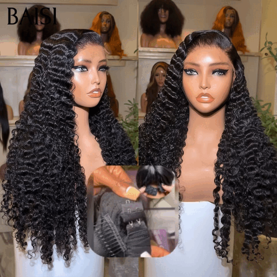 BAISI 13x6 Frontal Wig Curly Pre-Plucked No Glue Needed in 100% Raw Hair Lace Already Cut B