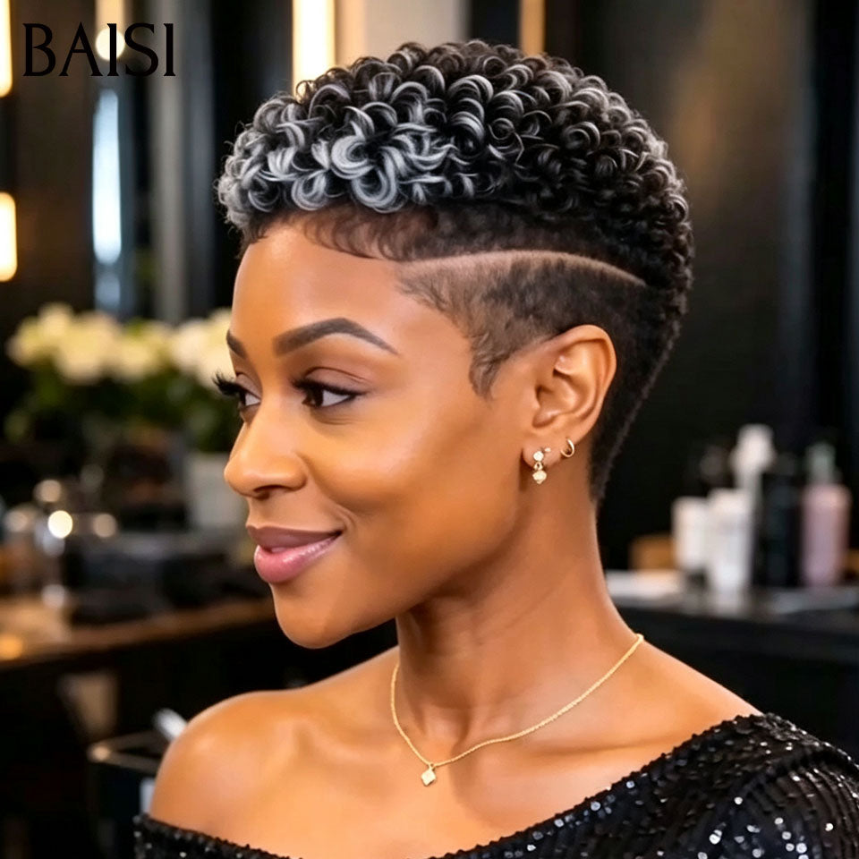 BAISI 5x5 Lace Perruque Pixie Coiffée 89€ Couleur Noir et Gris Très A la Mode Prête A Porter en 100% Cheveux Humains
