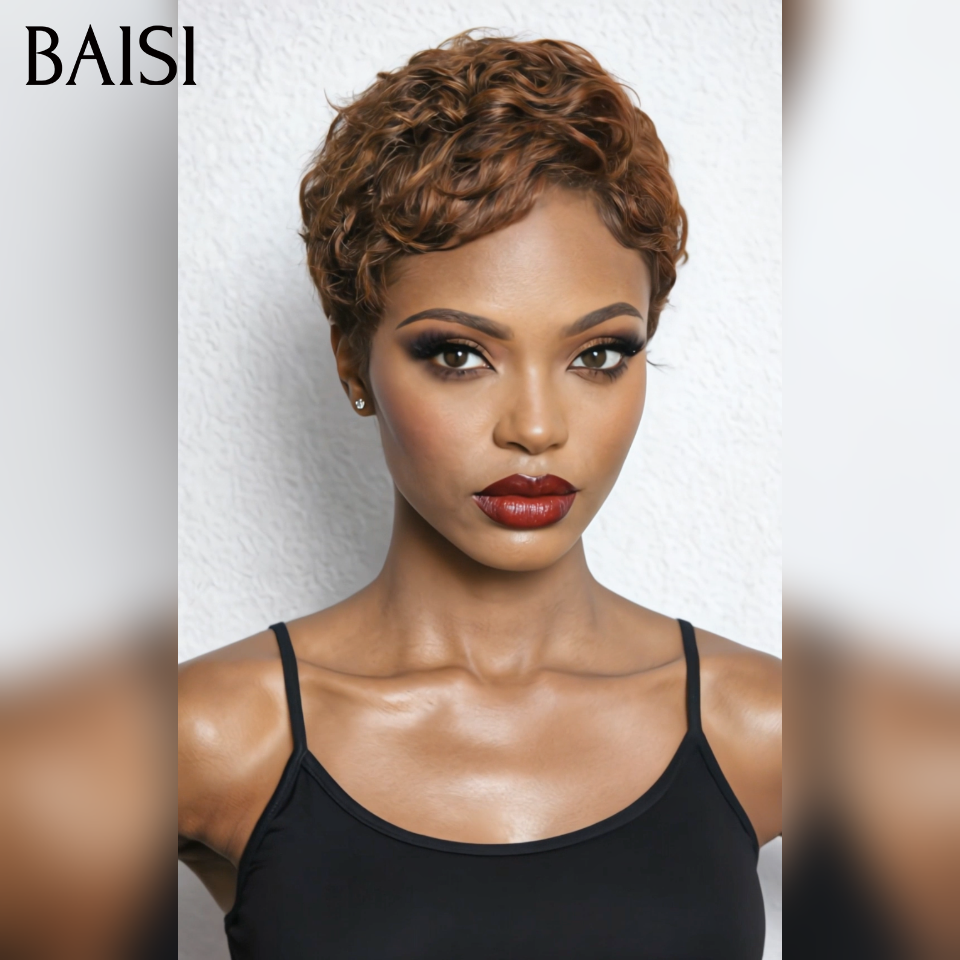 BAISI Perruque pixie 13x4 lace frontal Marron 4# 100% Comme la photo en 100% Cheveux Humains