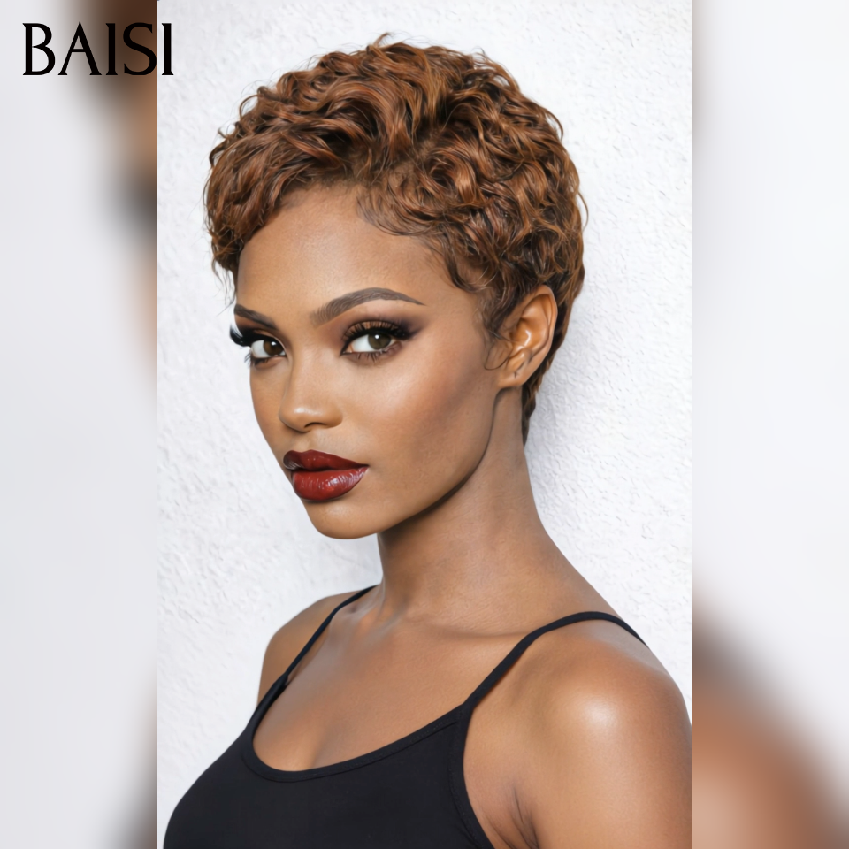 BAISI Perruque pixie 13x4 lace frontal Marron 4# 100% Comme la photo en 100% Cheveux Humains