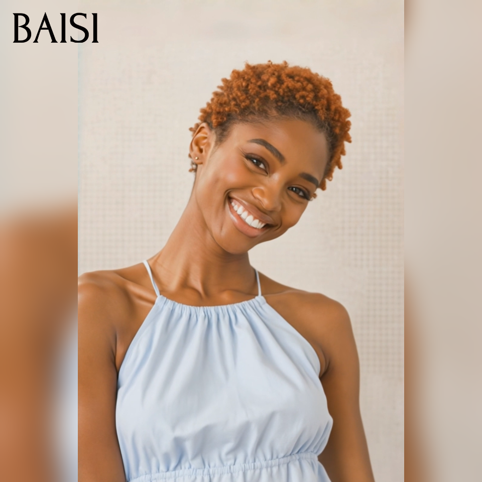 BAISI pixie afro curly perruque PROMO 49€ sans colle brun Sans Colle en 100% Cheveux Humains