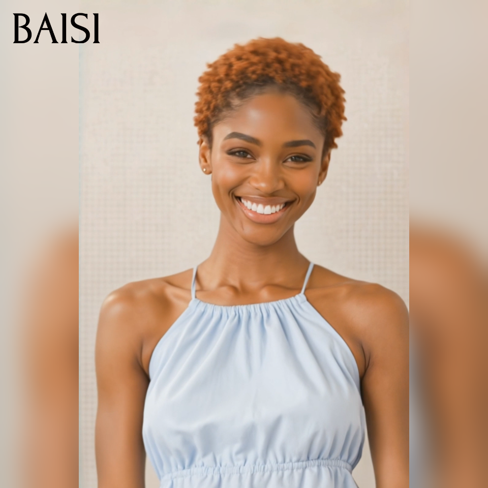 BAISI pixie afro curly perruque PROMO 49€ sans colle brun Sans Colle en 100% Cheveux Humains