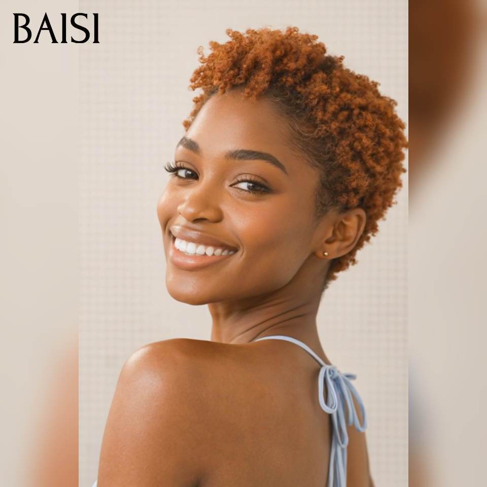 BAISI pixie afro curly perruque PROMO 49€ sans colle brun Sans Colle en 100% Cheveux Humains