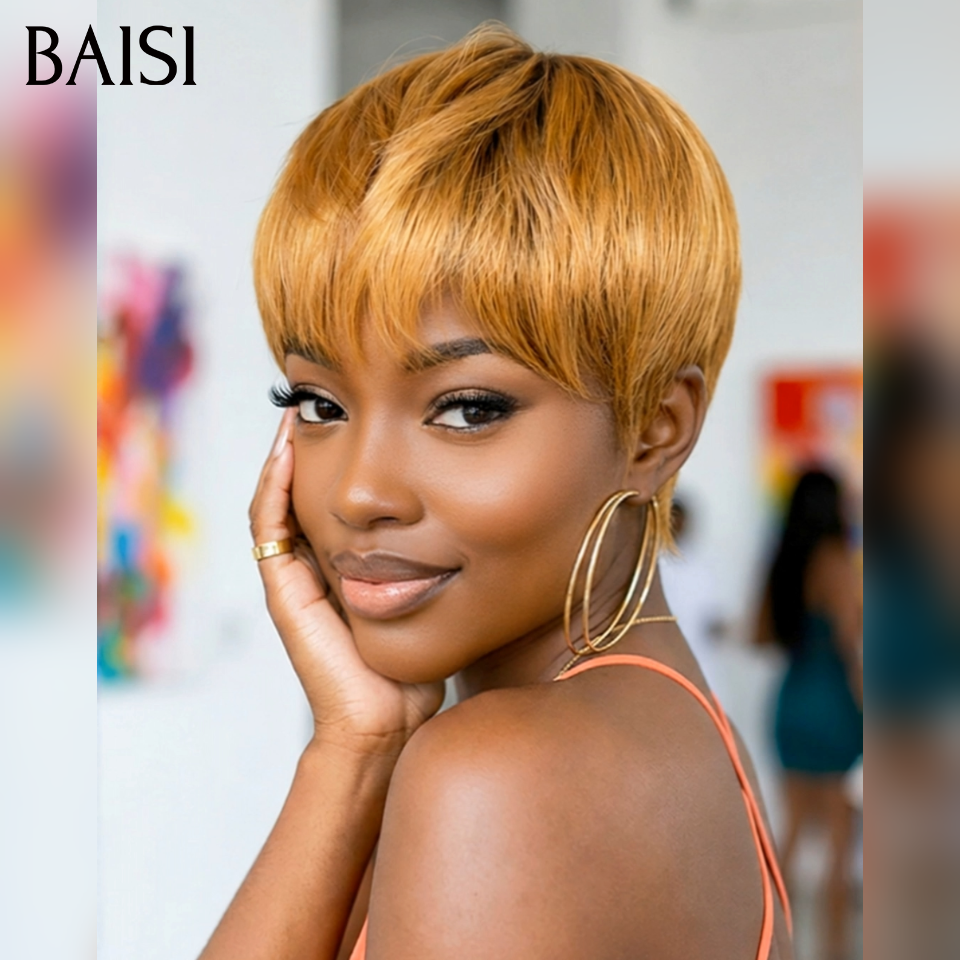 BAISI pixie perruque PROMO 45€ sans colle Sans lace Lisse Miel 4T30# en 100% Cheveux Humains for black women