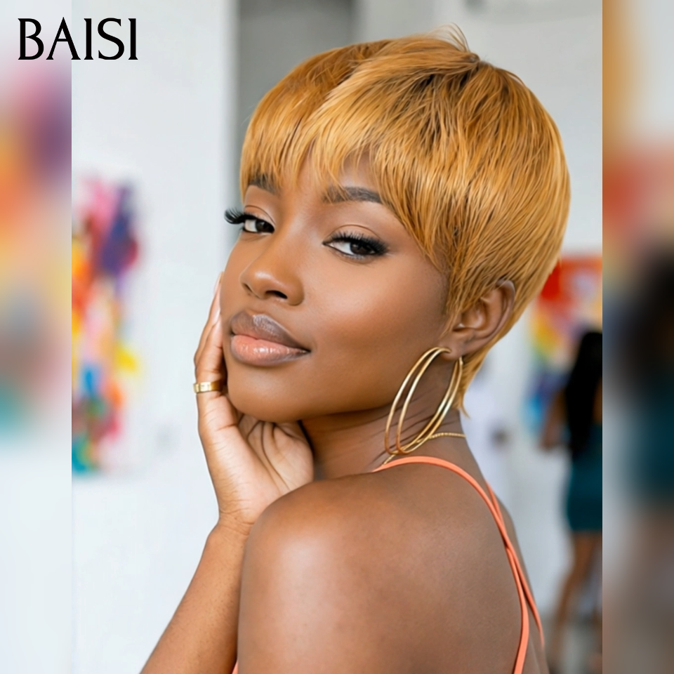 BAISI pixie perruque PROMO 45€ sans colle Sans lace Lisse Miel 4T30# en 100% Cheveux Humains for black women