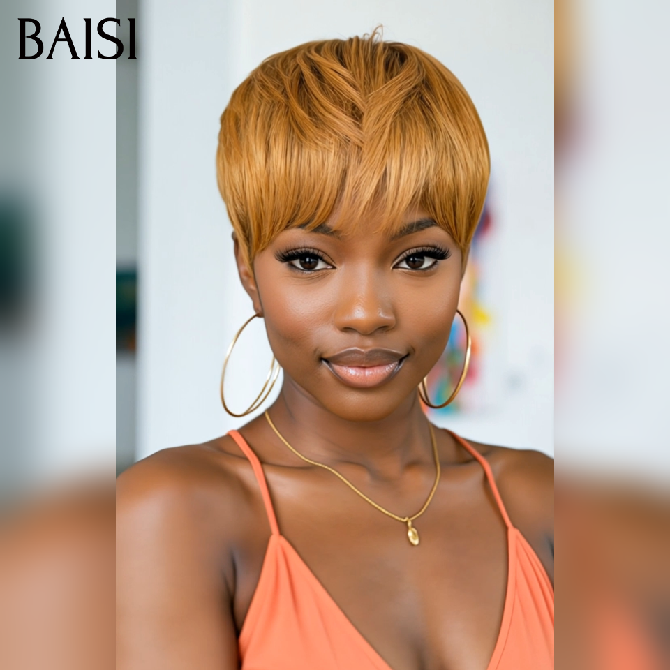 BAISI pixie perruque PROMO 45€ sans colle Sans lace Lisse Miel 4T30# en 100% Cheveux Humains for black women