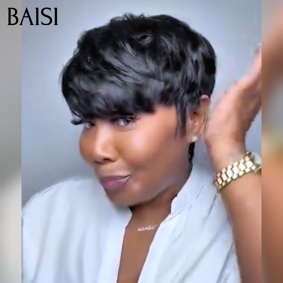 BAISI Wear et Go 45€ en France Perruque pixie straight Fabriqué à la Machine Promotion en couleur NOIR en 100% Cheveux Humains