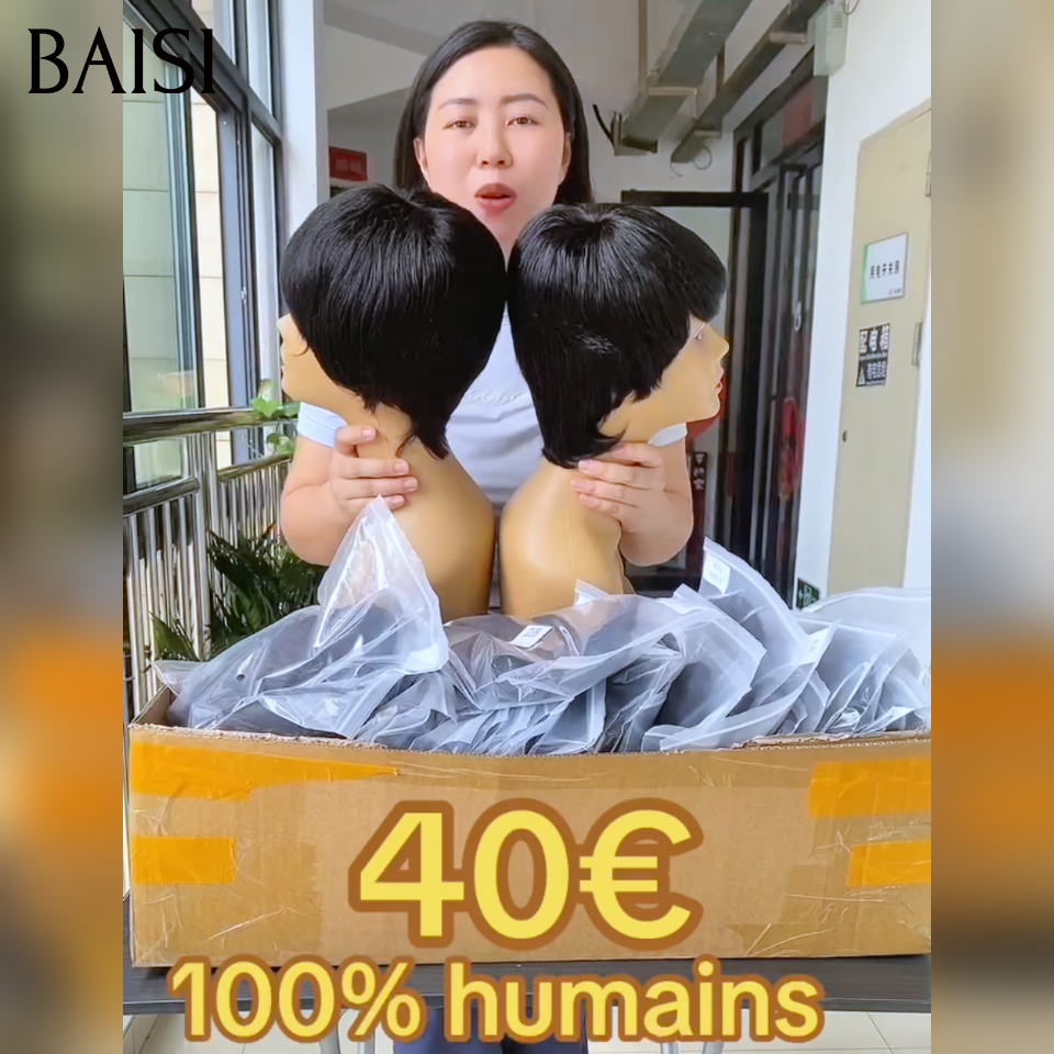BAISI Perruque pixie straight Fabriqué à la Machine Promotion 40€ en couleur NOIR en 100% Cheveux Humains