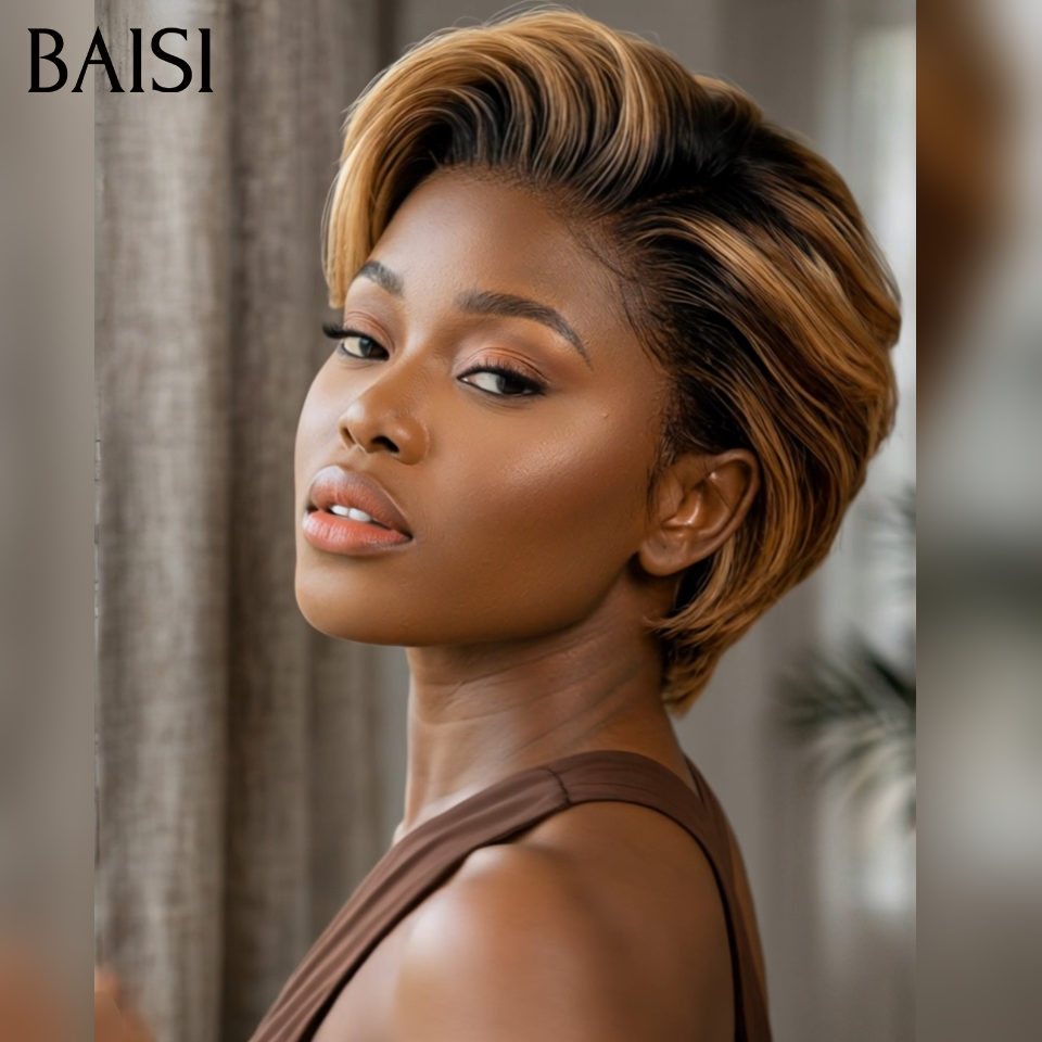 BAISI Offre Flash 13x4 Perruque Pixie boucles en mixte miel ou Noir Moitié Prix 50€ 200% densité Orange Pixie Coupe Pré-plucked 100% Cheveux Humains MP50